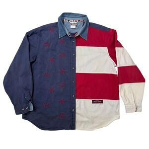 VTG 90s Walt Disney World Mickey Jeans Shirt Blue Red Patriotic Colorblock XL